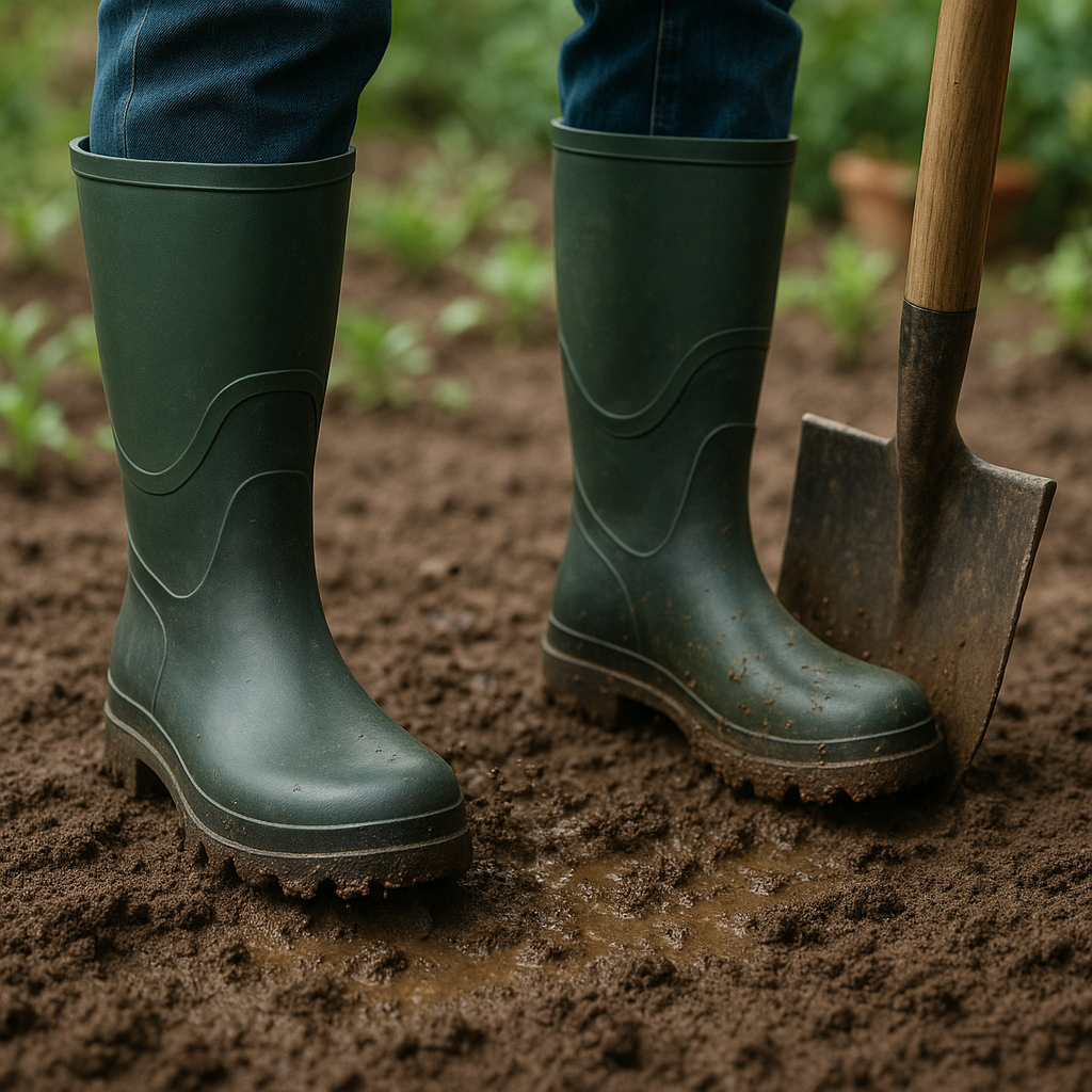 Botas de jardinería en el barro.
