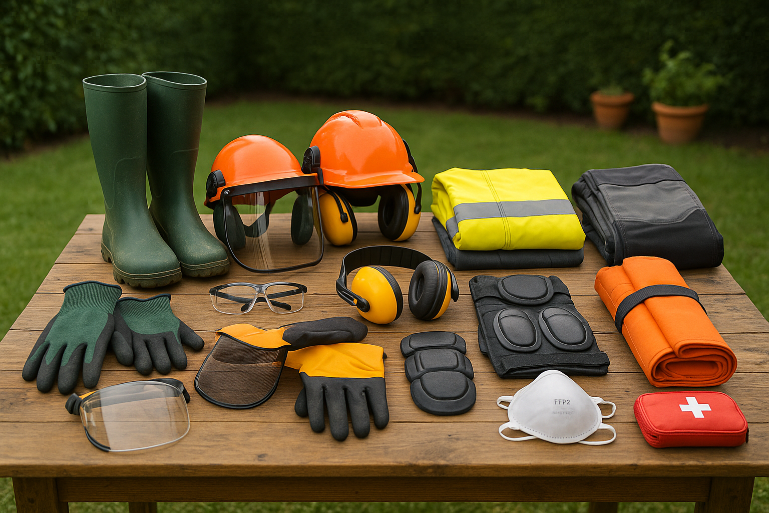 EPI de jardinería en una mesa.