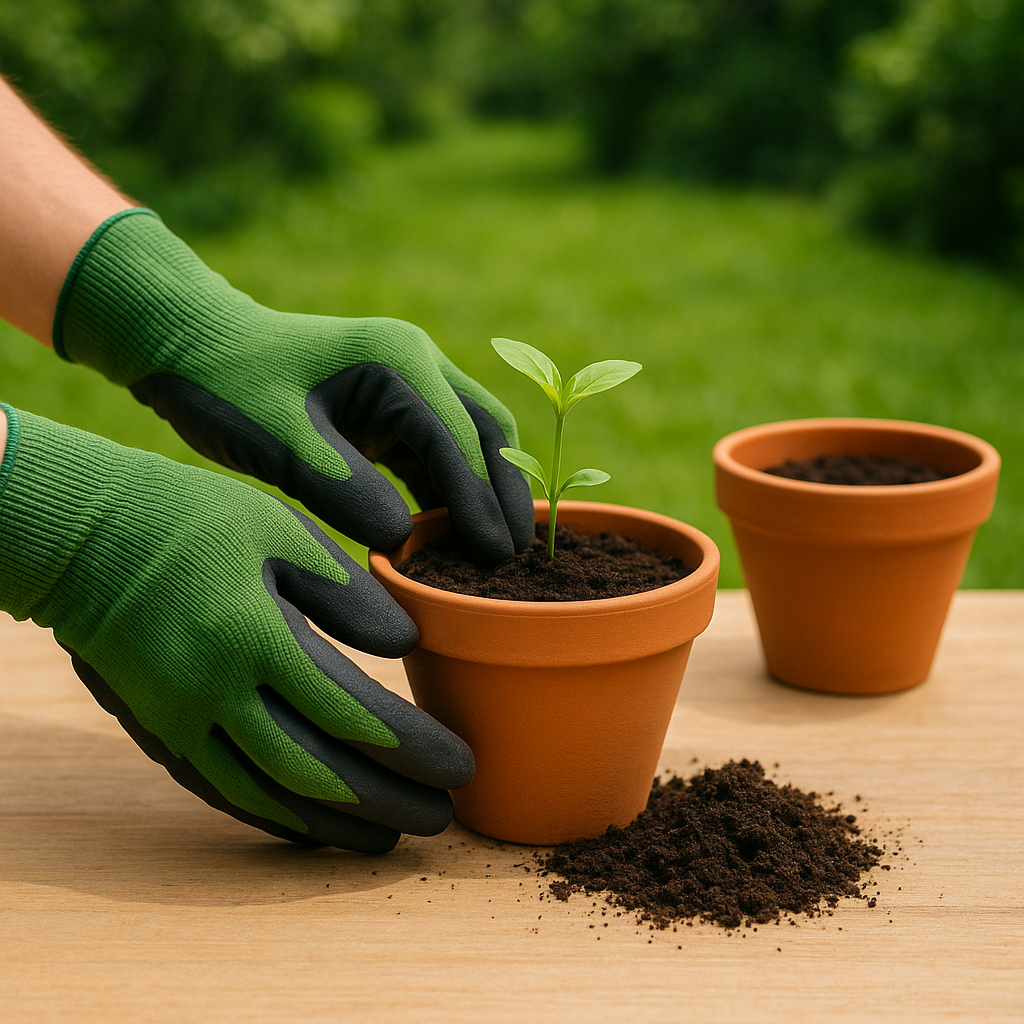 Guantes de jardinería trabajando en una maceta con un brote de planta germinando.