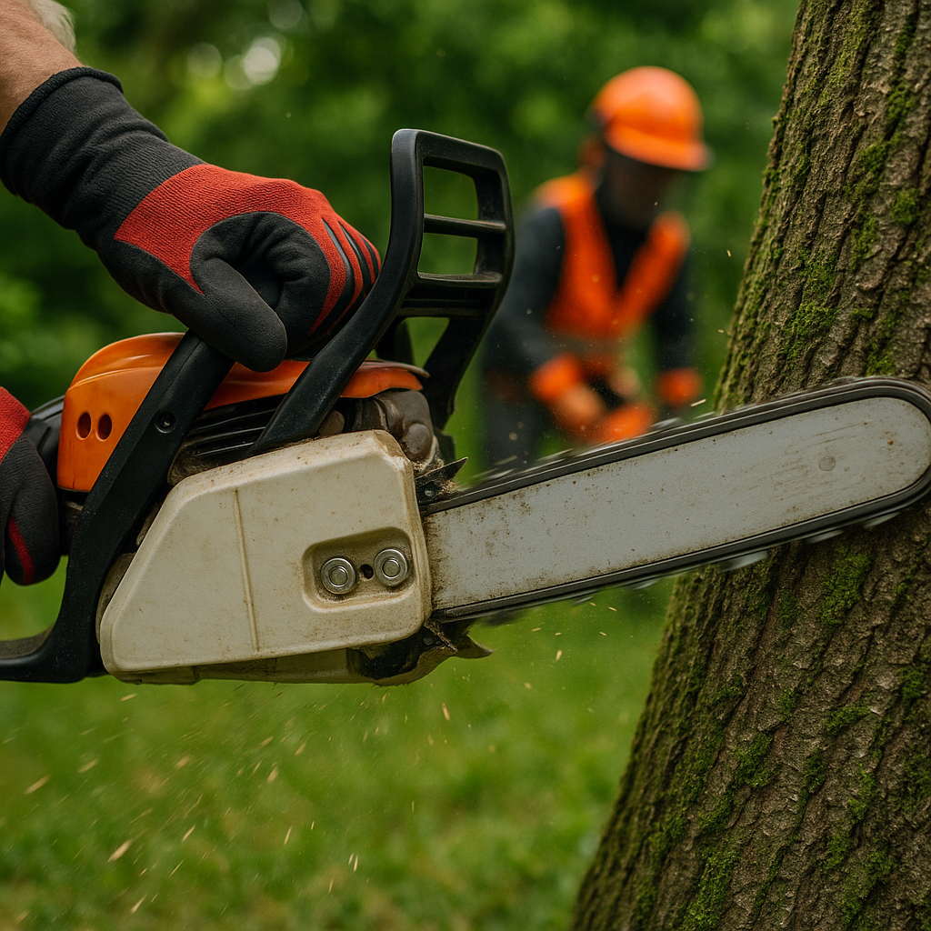 Guantes para motosierra cortando un arbol con un hombre equipado con EPIs al fondo.
