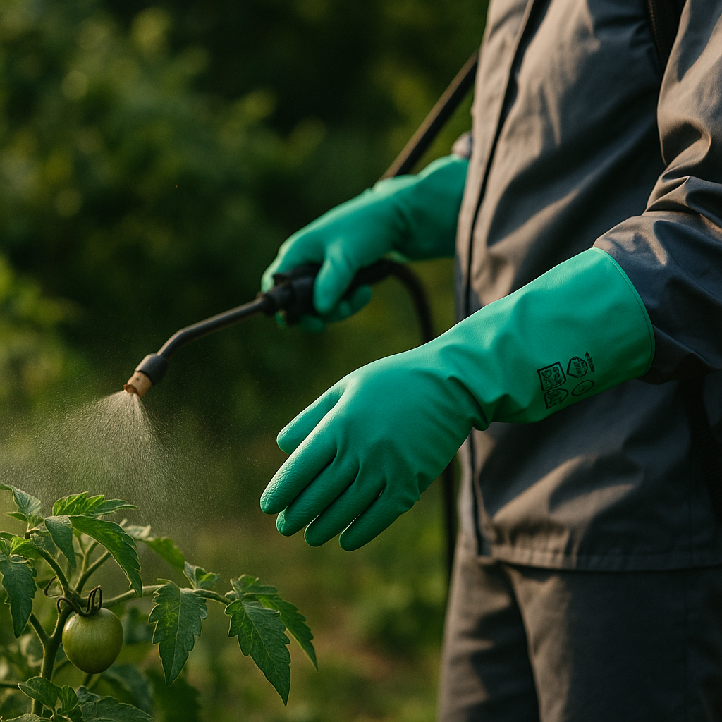 Guantes de protección química y fitosanitaria verde rociando plantas.