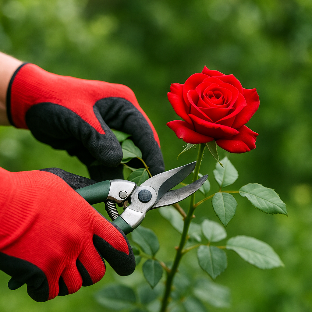 Guantes para podar que estan podando una rosa con espinas.